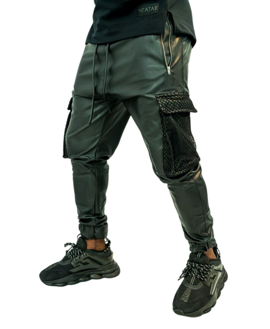 Black leather imitation trousers with net on the pockets
