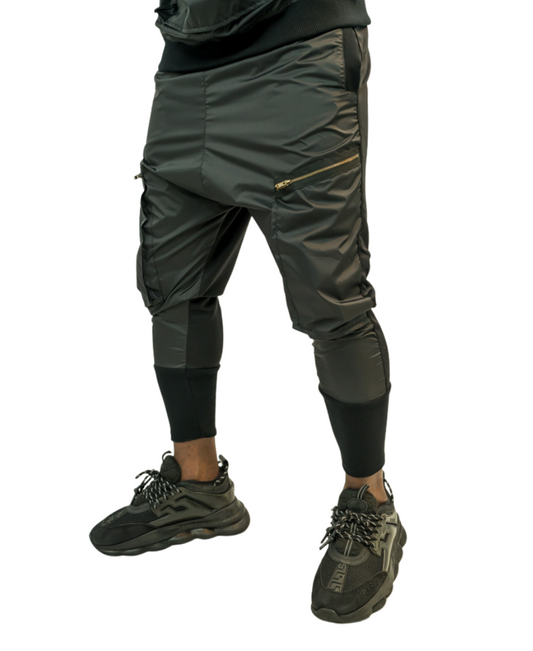 Black trousers with different combination of texture and attached zips