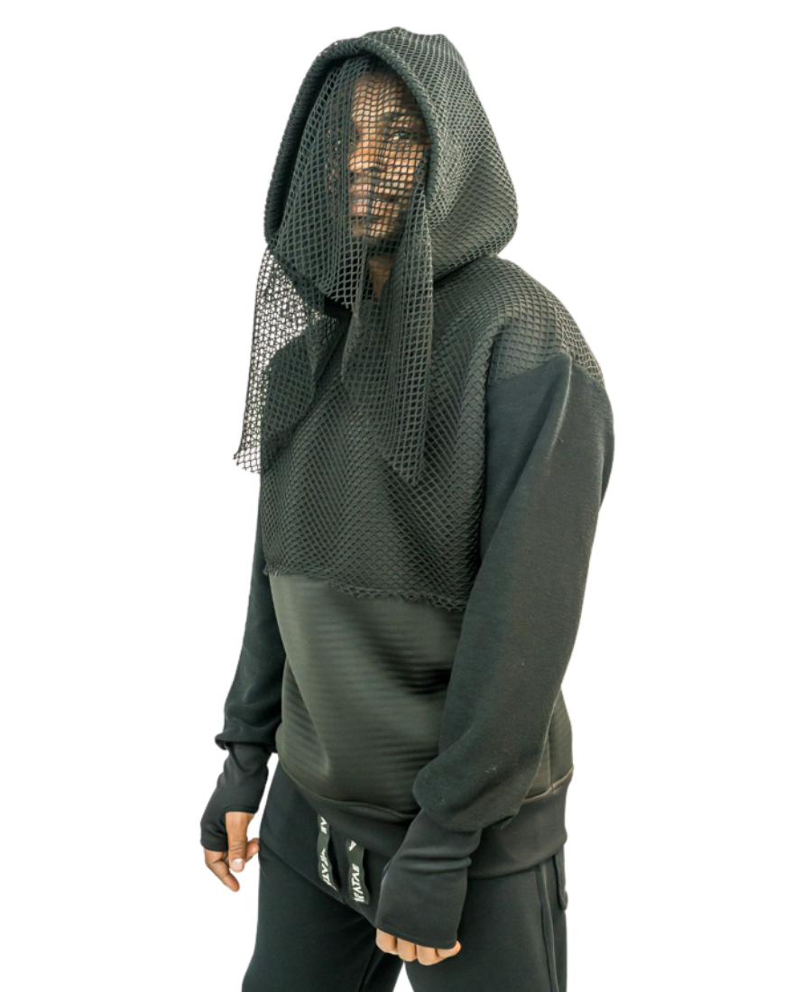 Black Hoodie with Mesh Hood and Thumbhole Sleeves - Fatai Style