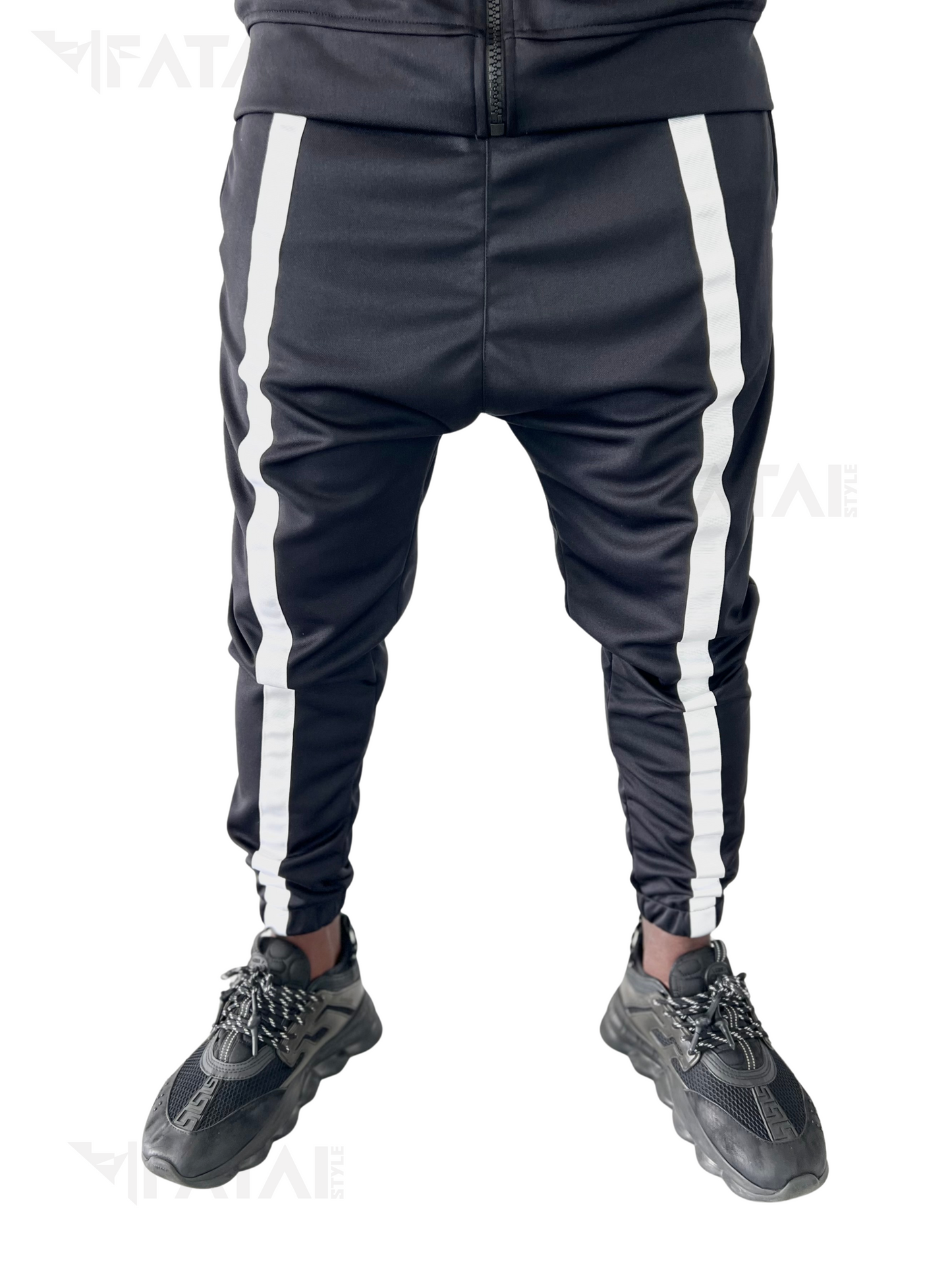 Black Two-Piece Set with Applied White Stripes