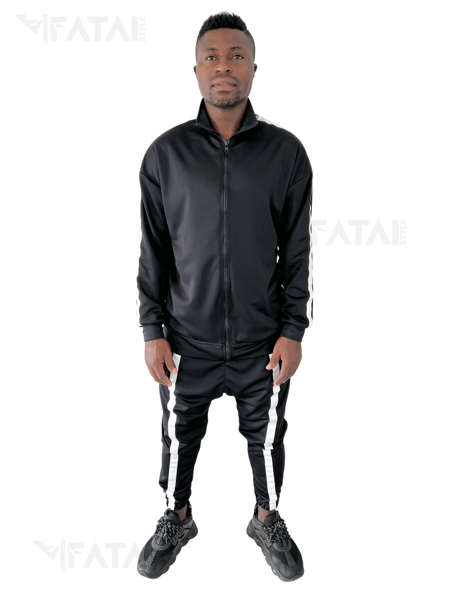 Black Two-Piece Set with Applied White Stripes