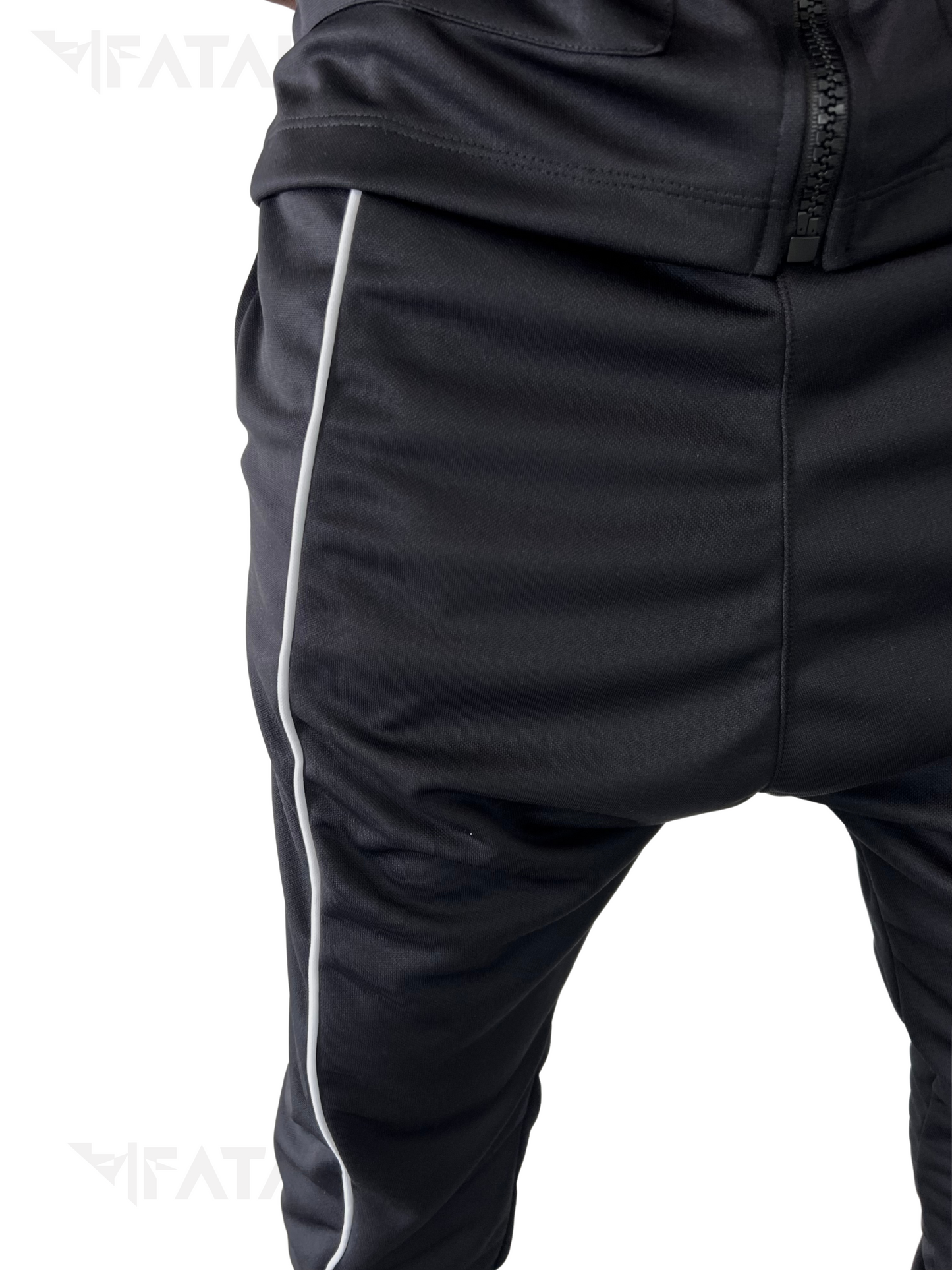 Black Two-Piece Set with White Piping and Patch Pockets
