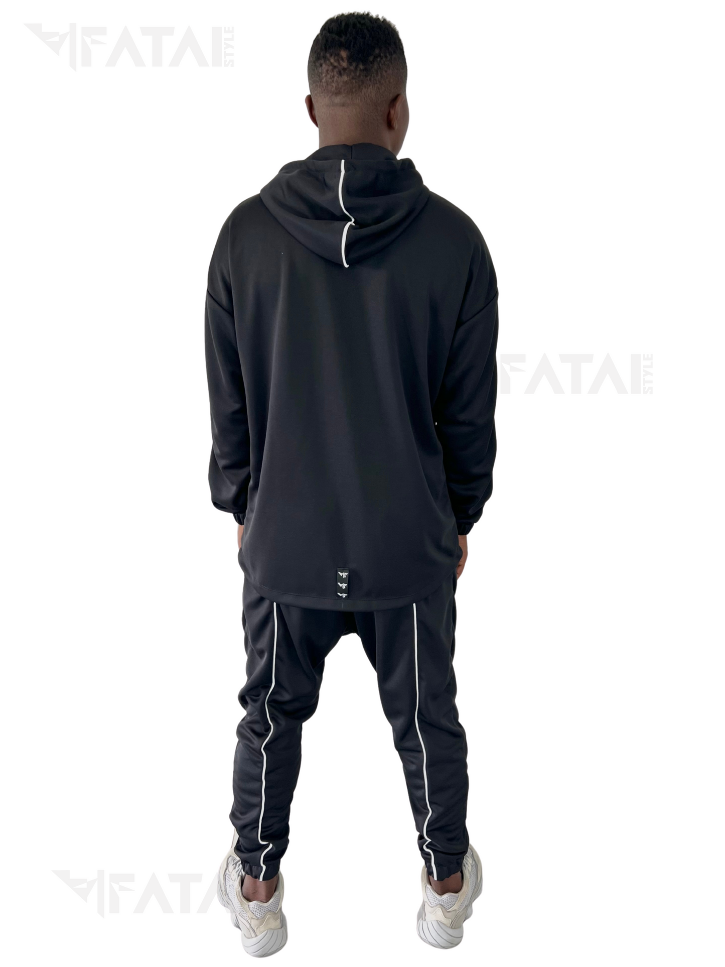 Black Two-Piece Set with White Piping and Patch Pockets