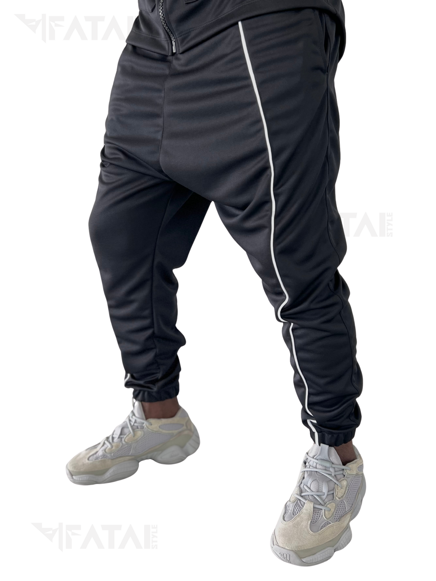 Black Two-Piece Set with White Piping and Patch Pockets