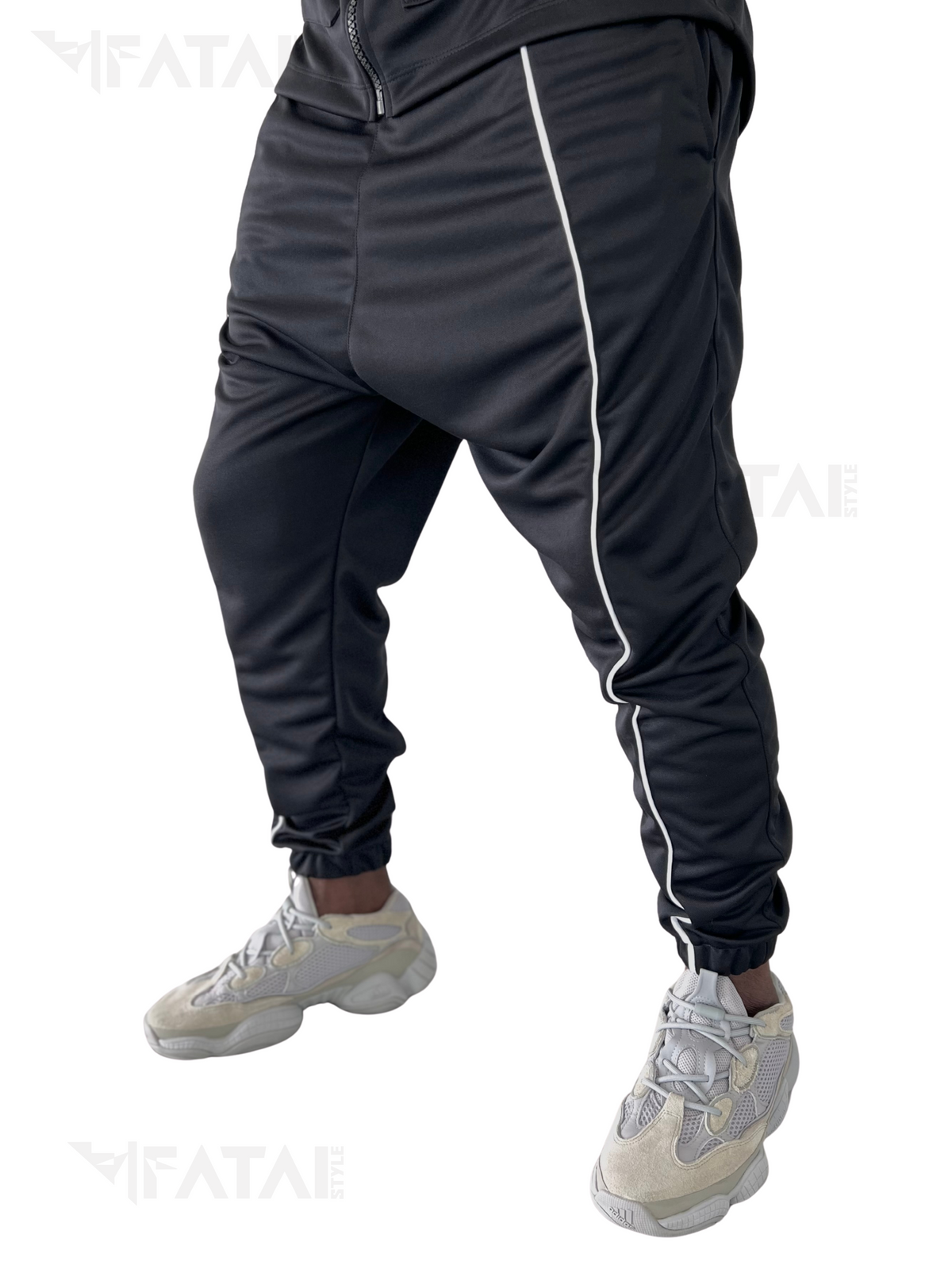 Black Two-Piece Set with White Piping and Patch Pockets