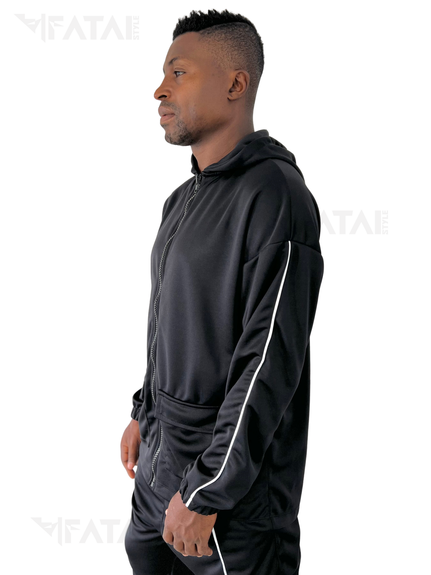 Black Two-Piece Set with White Piping and Patch Pockets