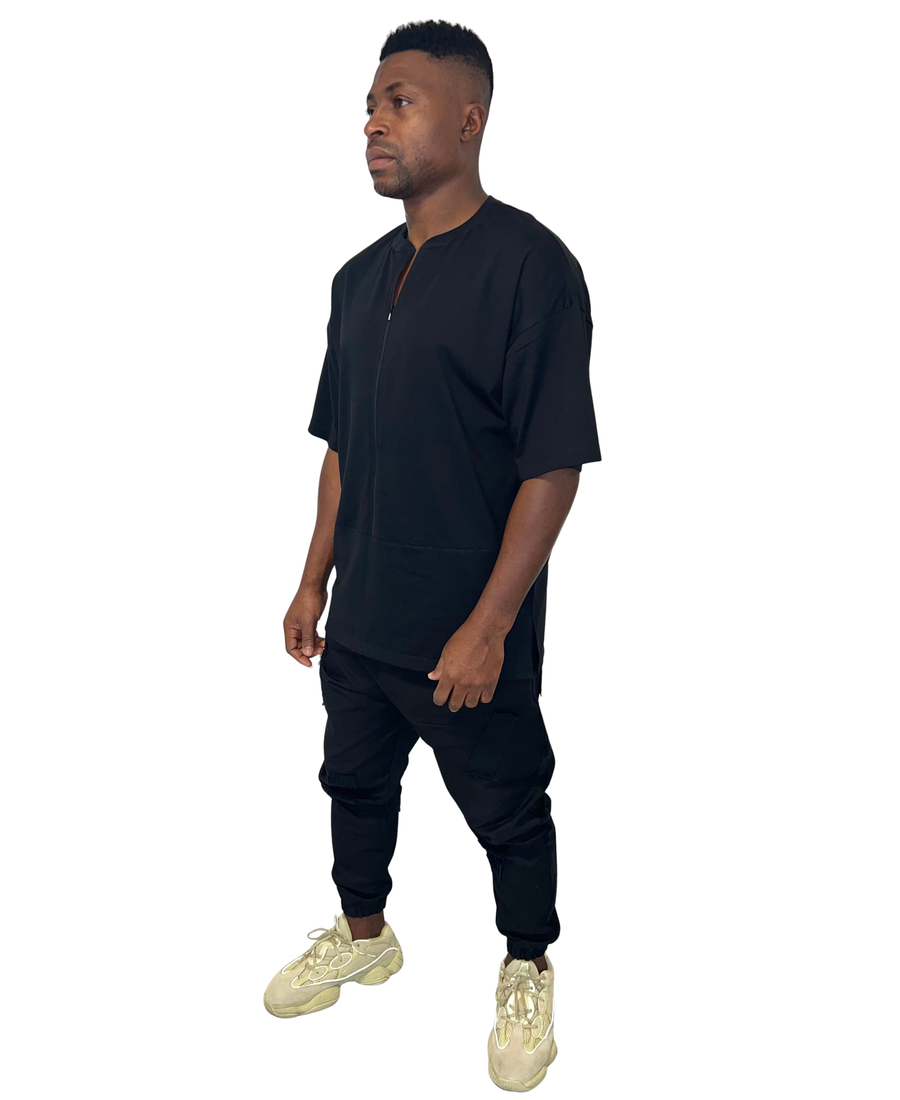 Black T-Shirt with Zip and Extended Hem