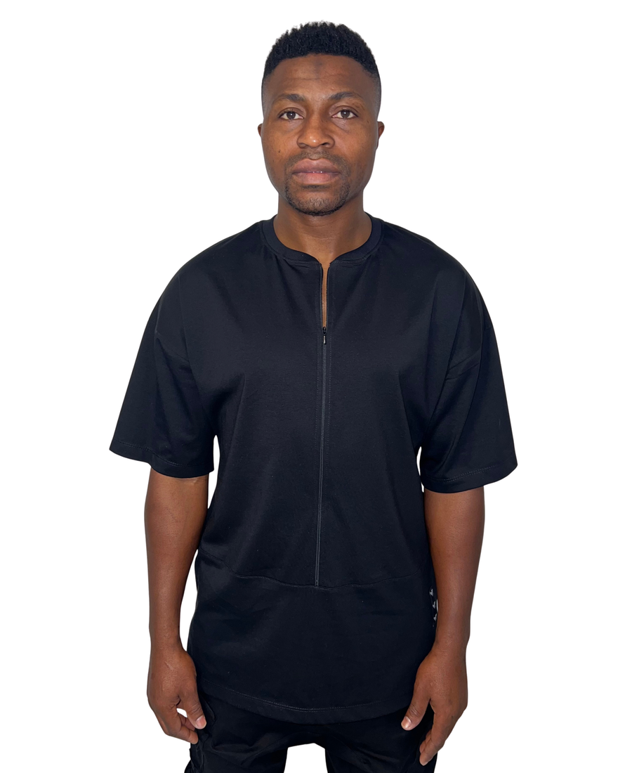 Black T-Shirt with Zip and Extended Hem