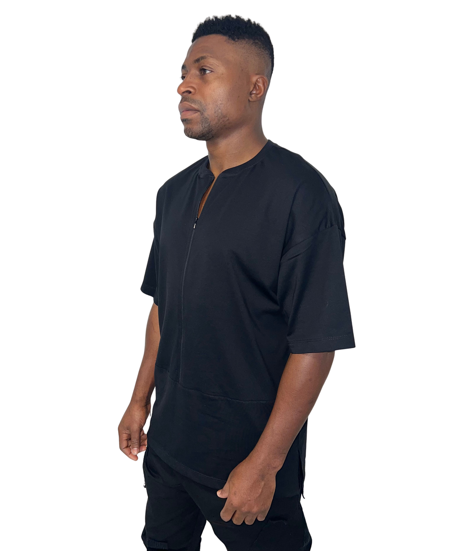 Black T-Shirt with Zip and Extended Hem