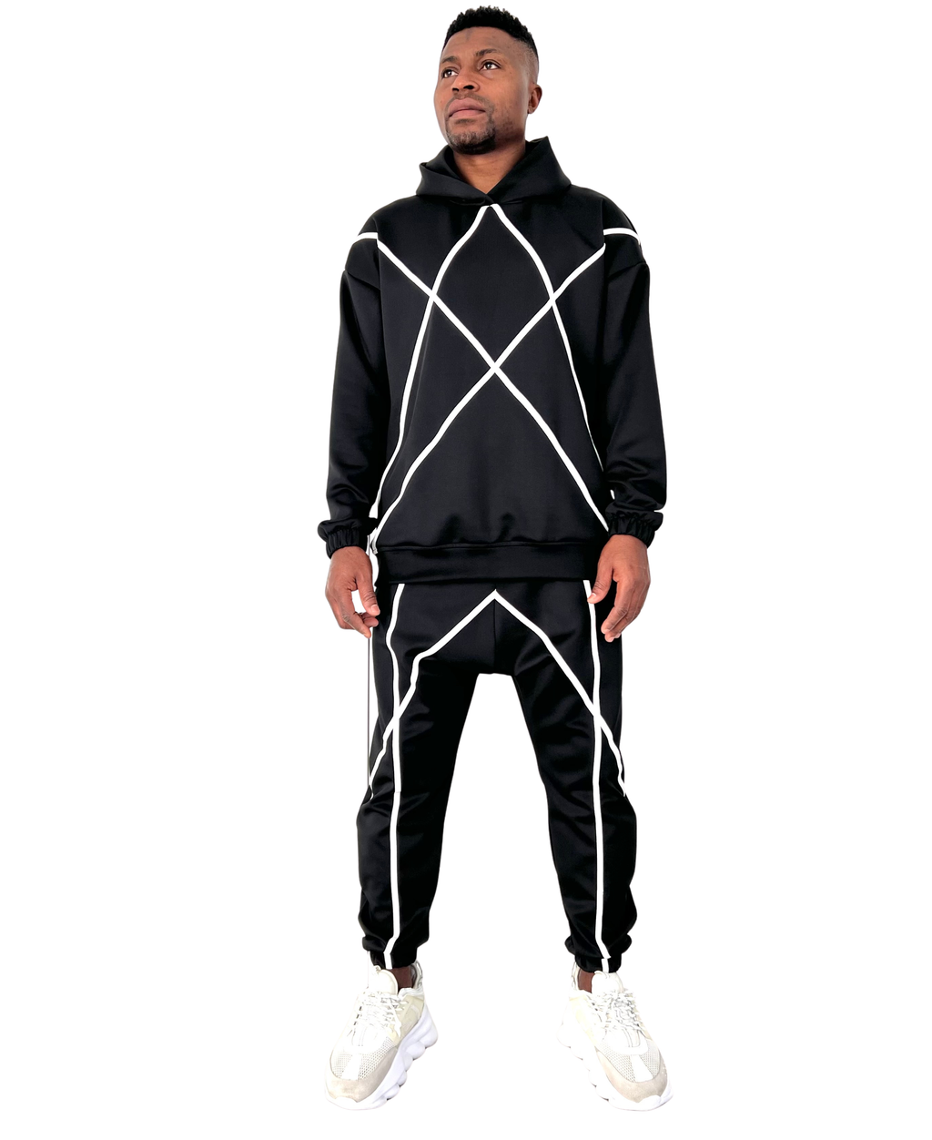Black Two-Piece Set with Applied White Stripes