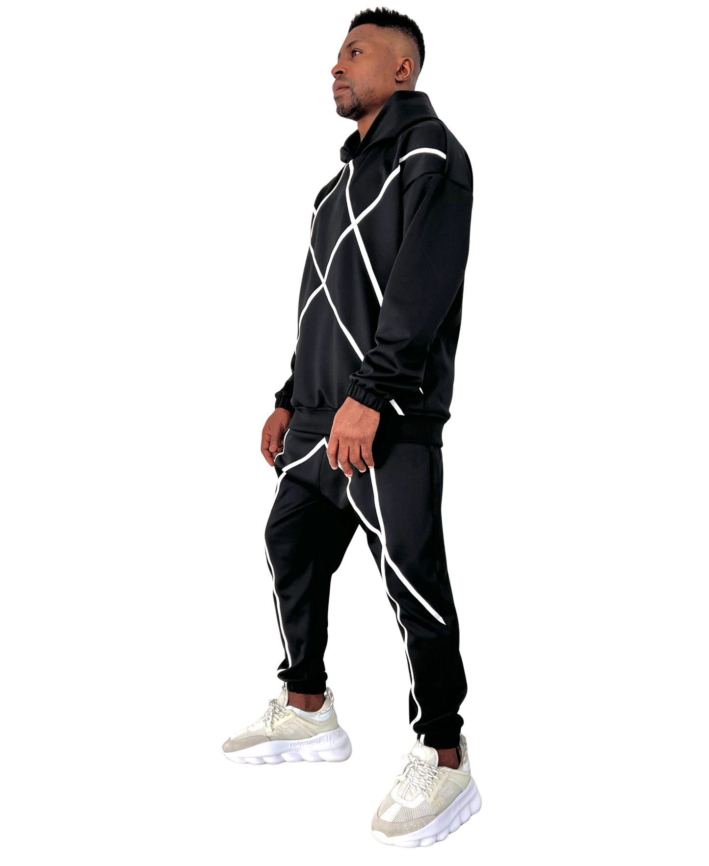 Black Two-Piece Set with Applied White Stripes