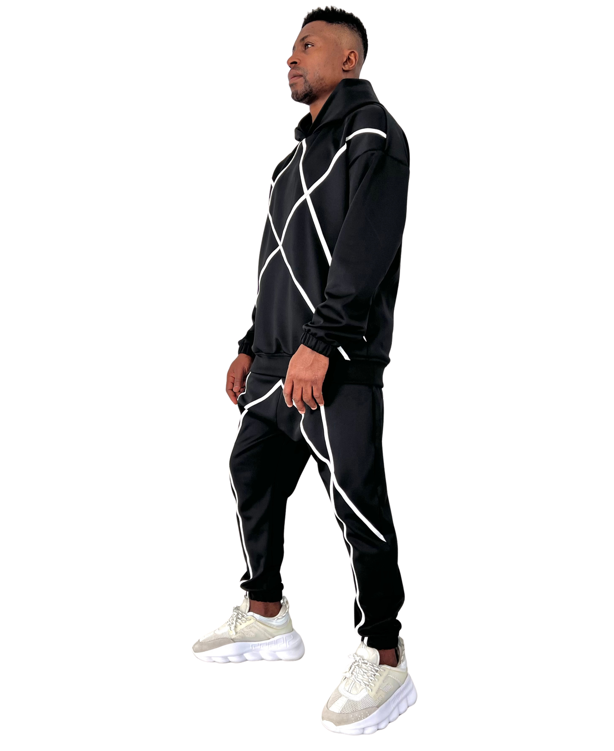 Black Two-Piece Set with Applied White Stripes