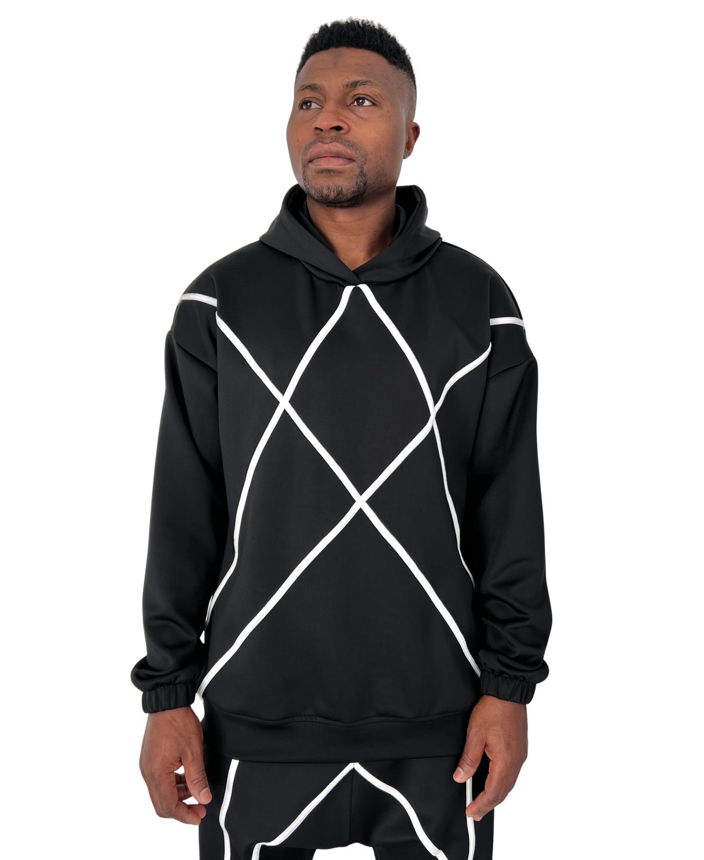 Black Two-Piece Set with Applied White Stripes