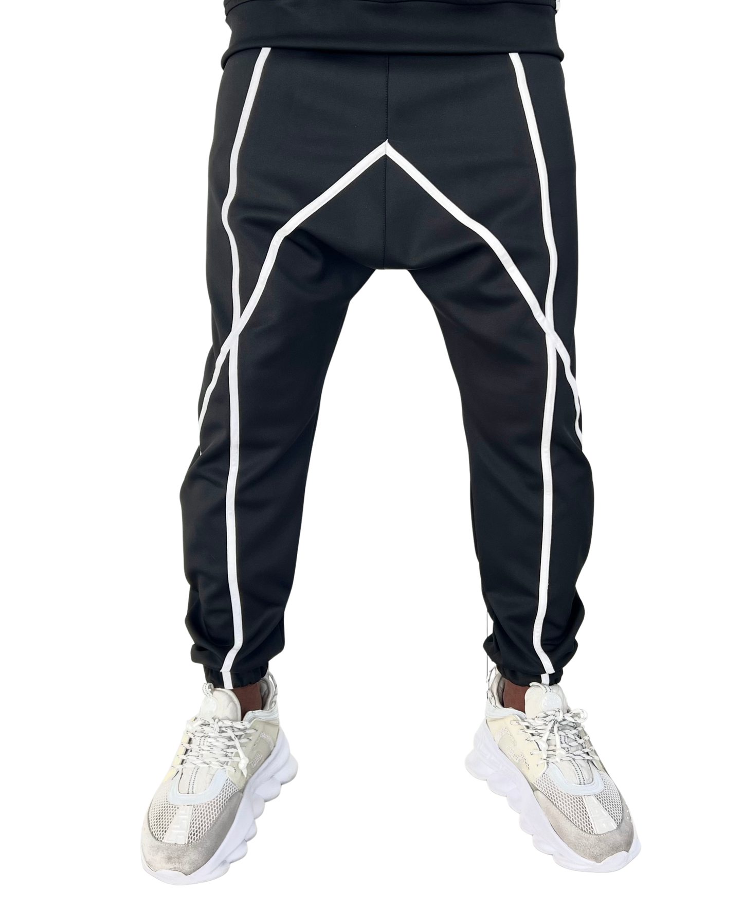 Black Two-Piece Set with Applied White Stripes