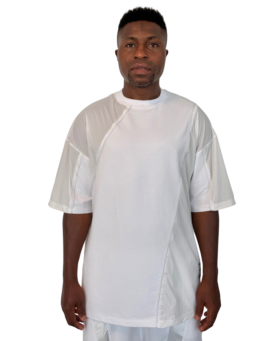 White T-Shirt with Suede-Effect Panels