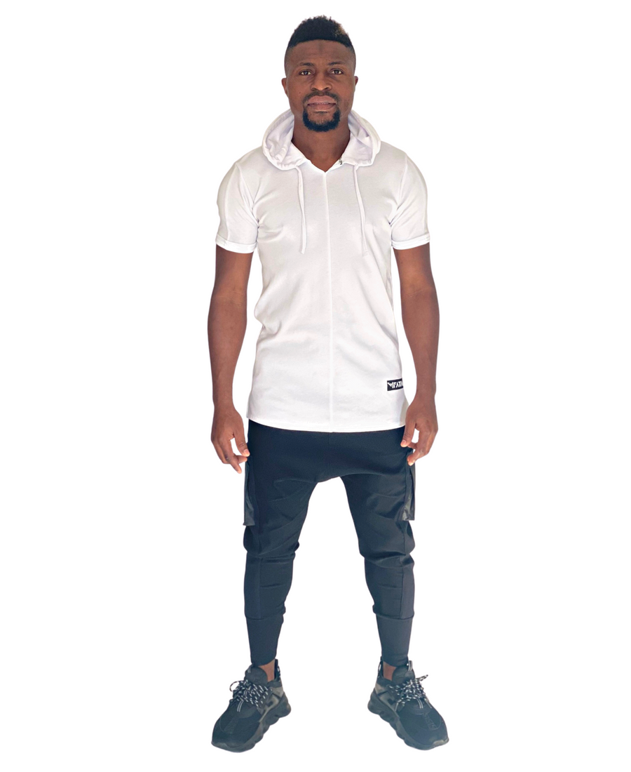 White Hooded T-Shirt with Sleeve Detail