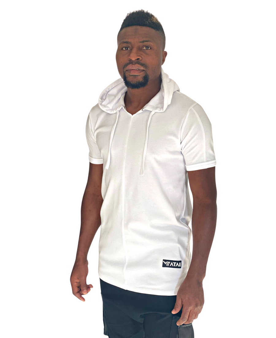 White Hooded T-Shirt with Sleeve Detail