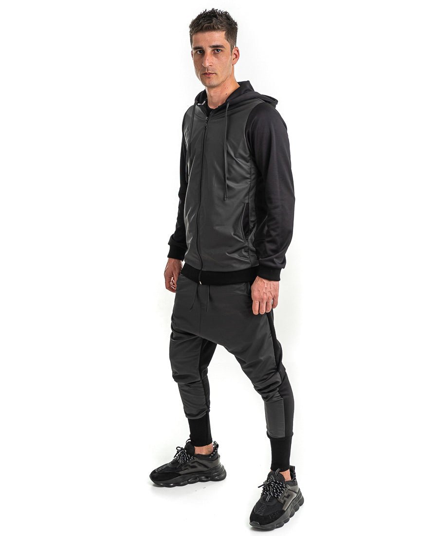 Black Tracksuit with Faux-Leather Panels