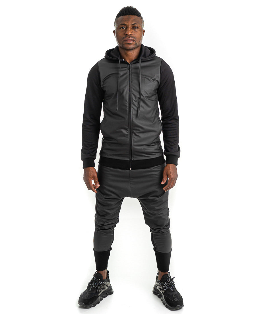 Black Tracksuit with Faux-Leather Panels