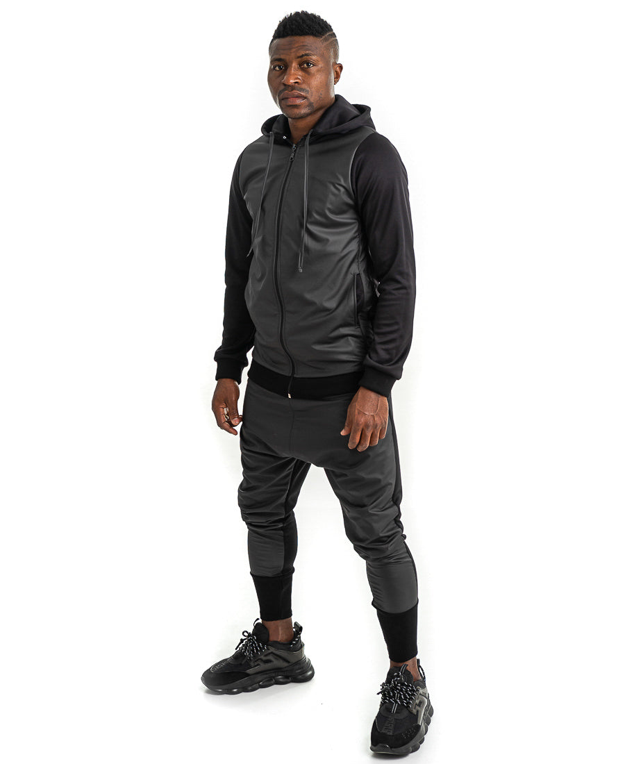 Black Tracksuit with Faux-Leather Panels