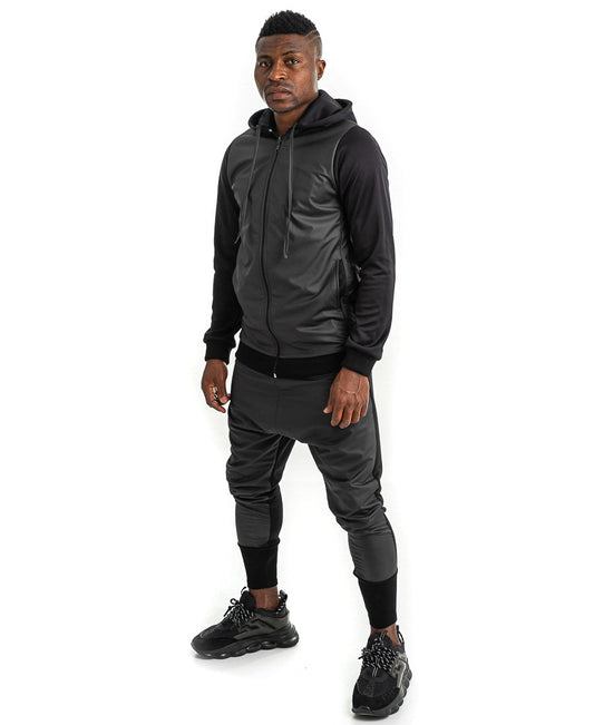 Black Tracksuit with Faux-Leather Panels