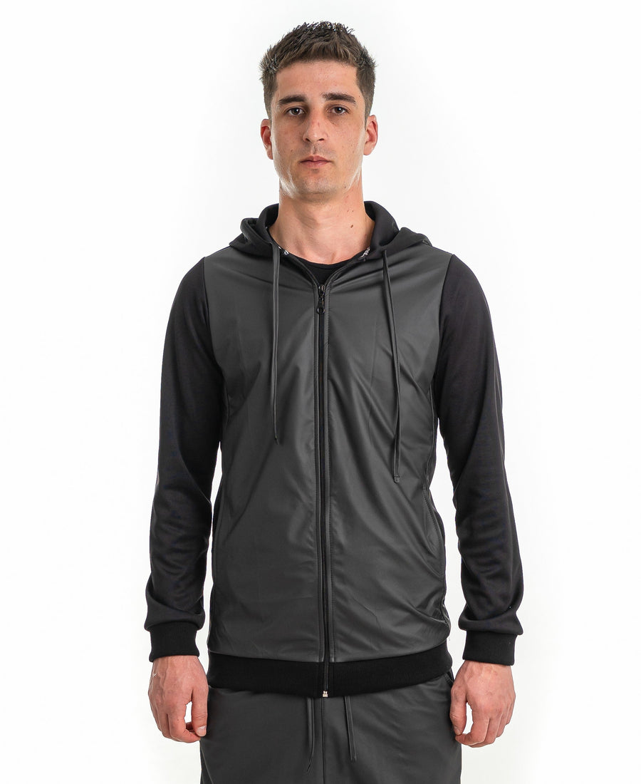 Black Tracksuit Top in Cotton and Faux Leather