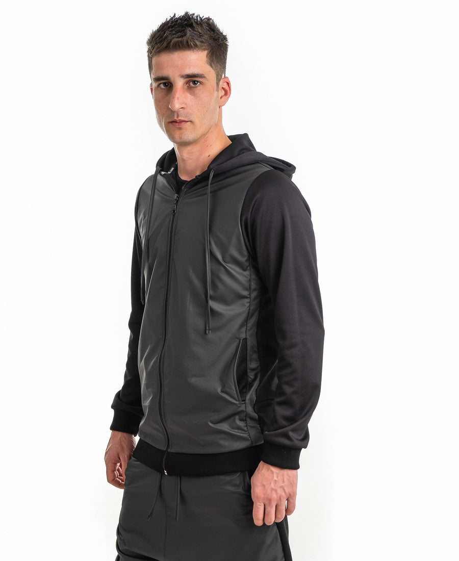 Black Tracksuit Top in Cotton and Faux Leather