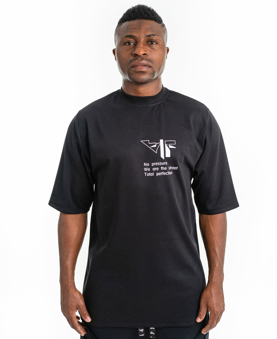 Black T-Shirt with Printed Text and Logo