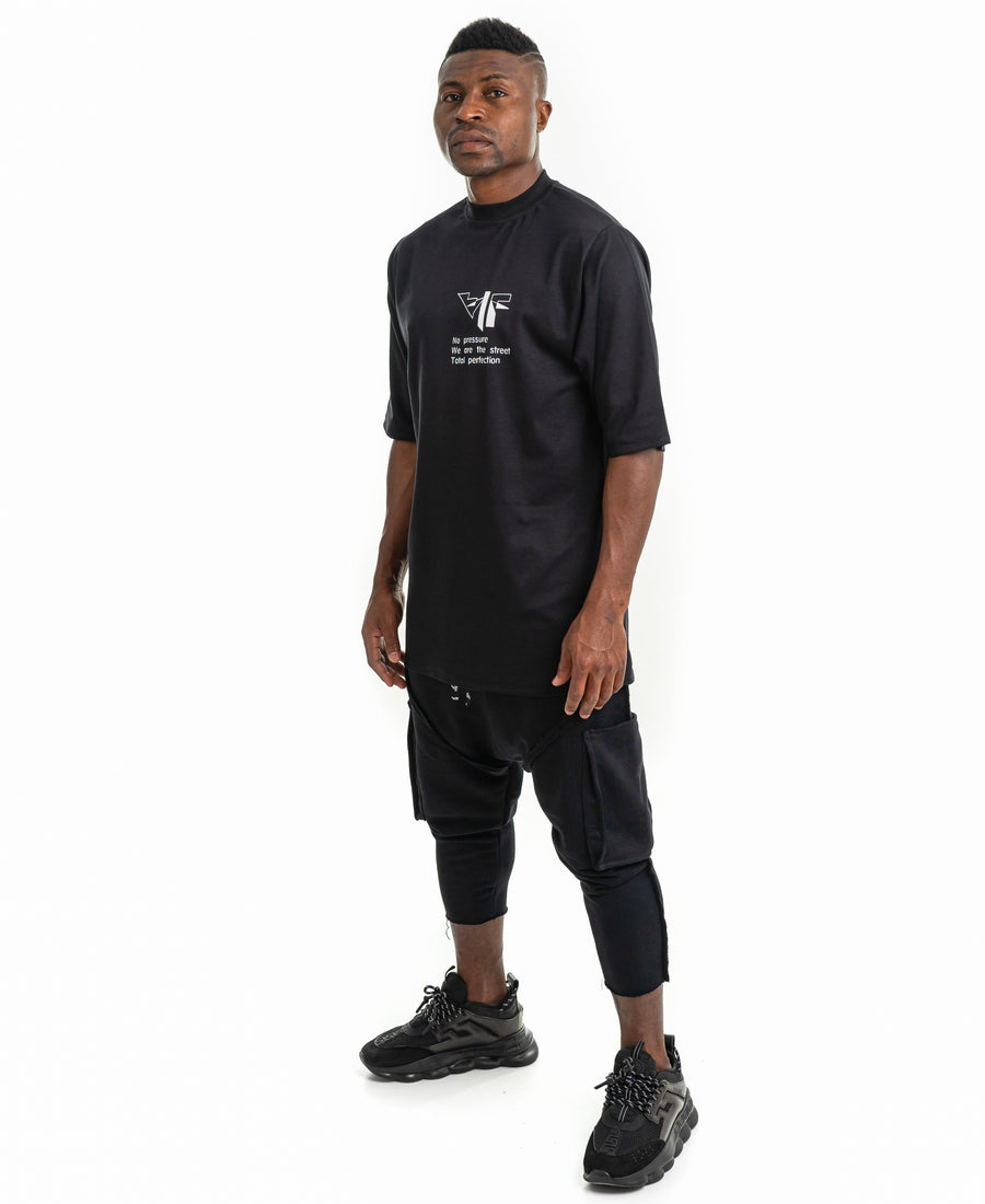 Black T-Shirt with Printed Text and Logo