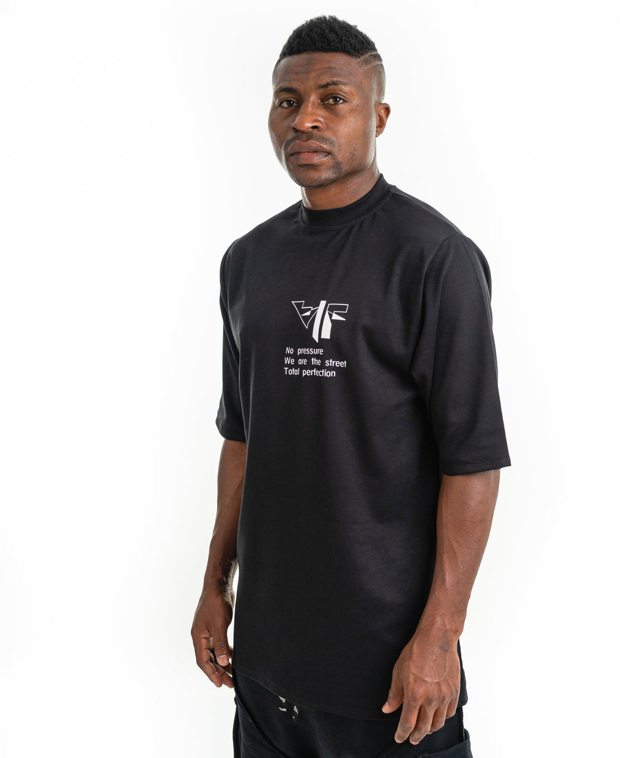 Black T-Shirt with Printed Text and Logo
