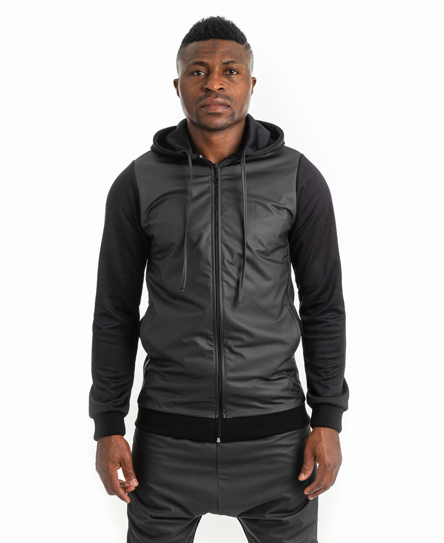 Black Tracksuit Top in Cotton and Faux Leather