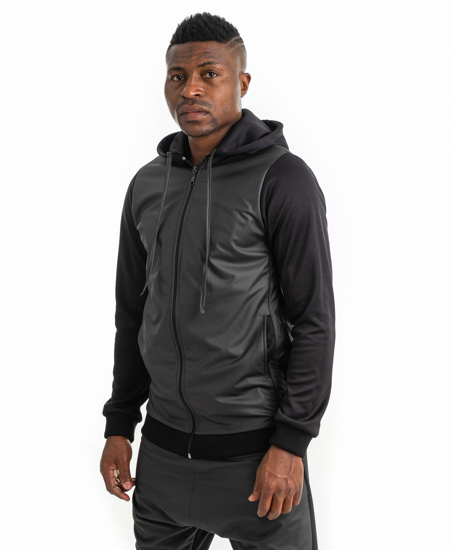 Black Tracksuit Top in Cotton and Faux Leather
