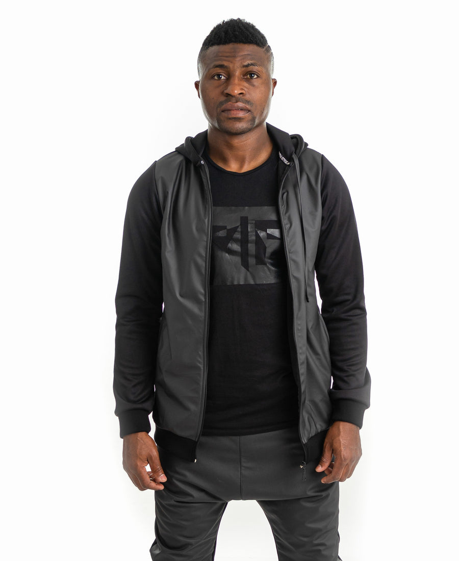 Black Tracksuit Top in Cotton and Faux Leather