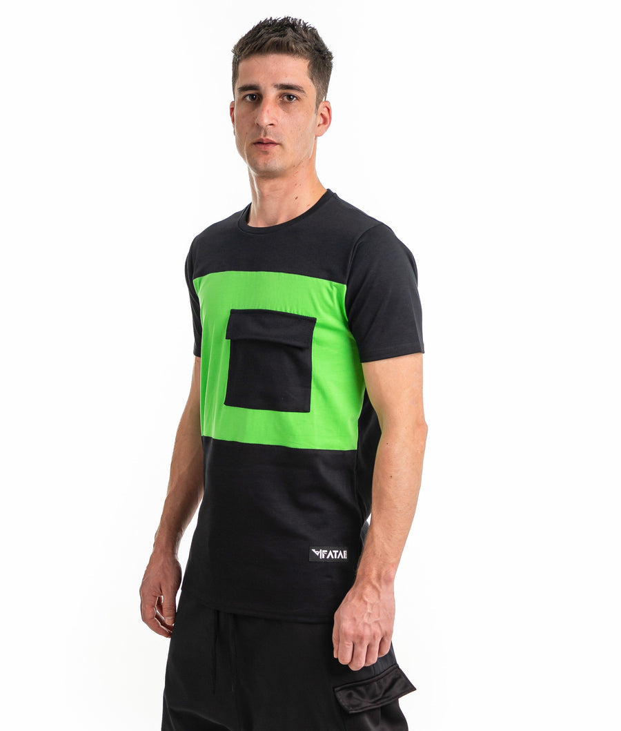 Black and Green T-Shirt with Applied Pocket