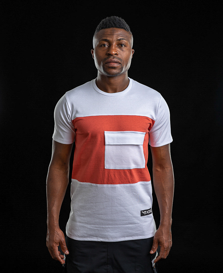 White and Orange T-Shirt with Applied Pocket