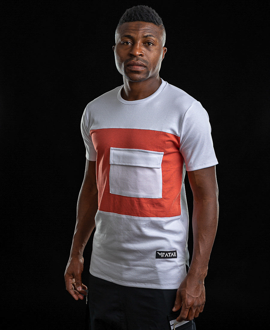 White and Orange T-Shirt with Applied Pocket