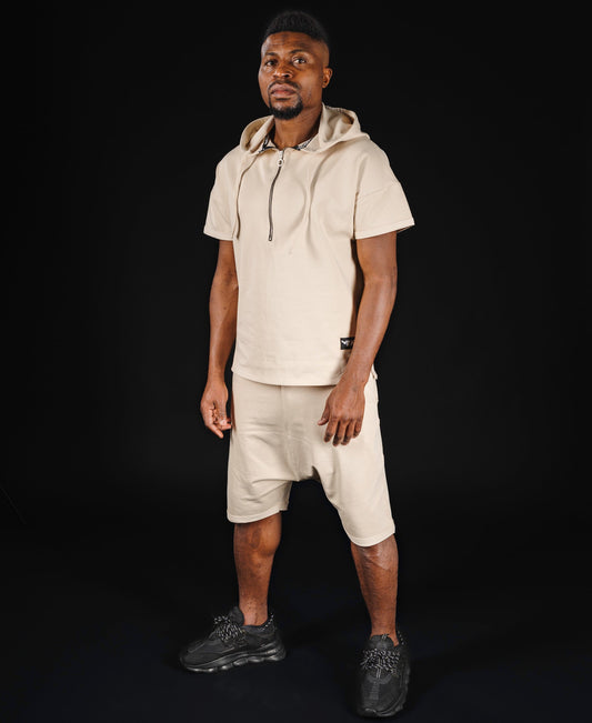 Compleu crem cu fermoar si gluga