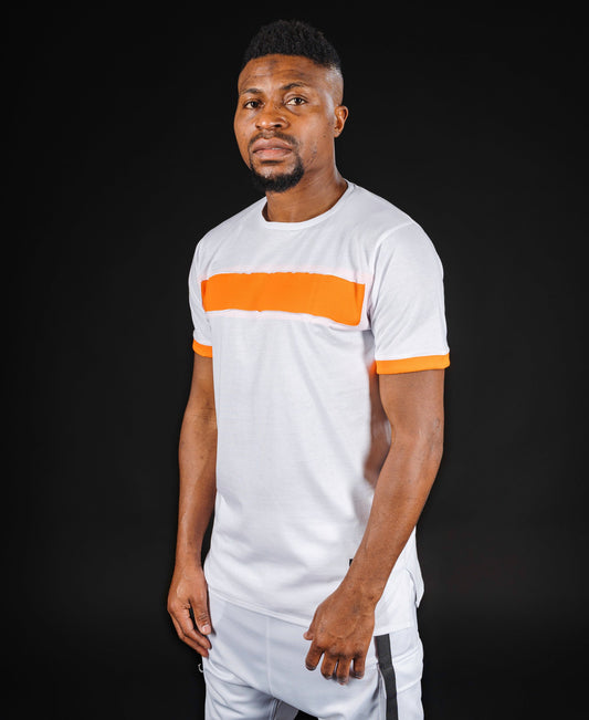 White t-shirt with orange details