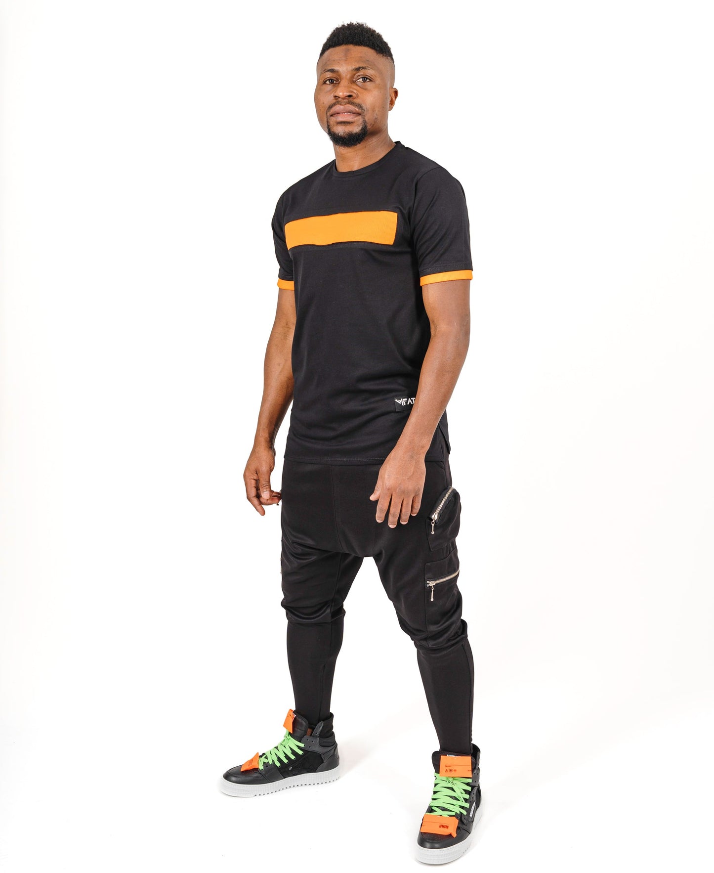 Black t-shirt with orange details
