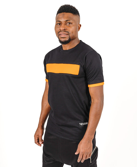 Black t-shirt with orange details