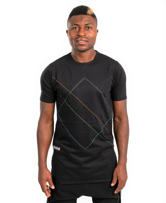 Black t-shirt with multicolor sewings