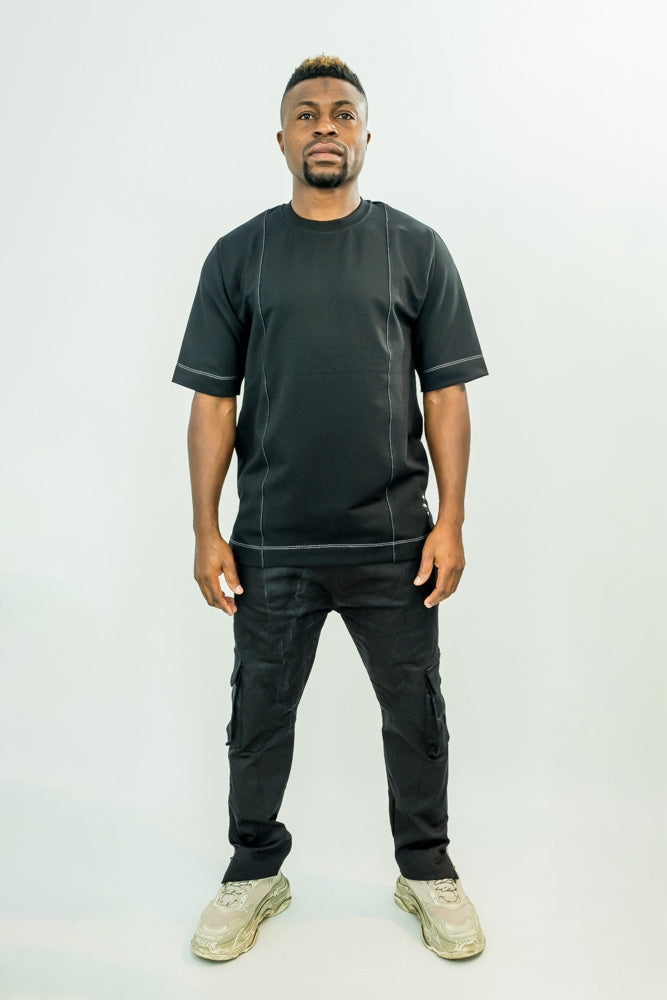 Blugi elasteci cu buzunare laterale, largi jos (negru in degrade)