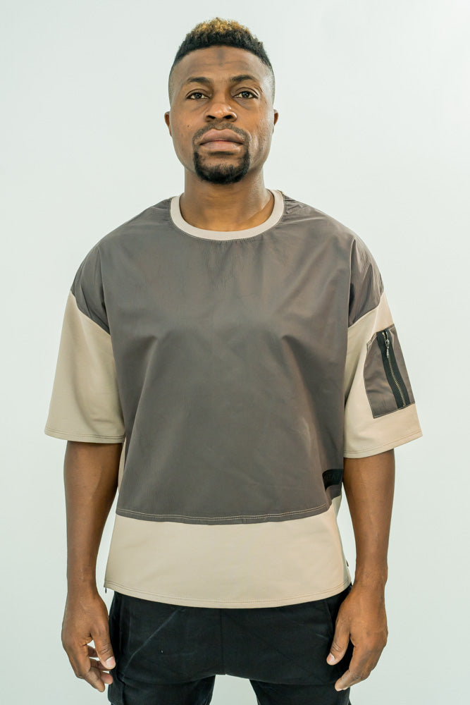 Tricou cappuccino cu fas catifelat si fermoar pe maneca