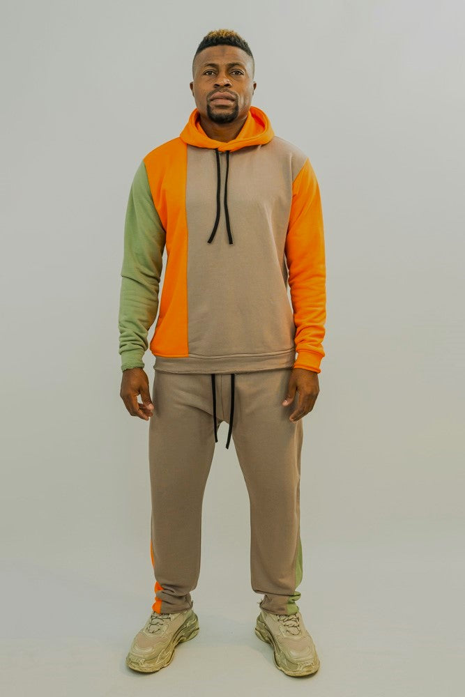 Pantaloni cappuccino cu detaliu portocaliu si verde menta