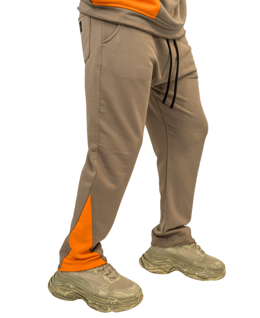 Pantaloni cappuccino cu detaliu portocaliu si verde menta