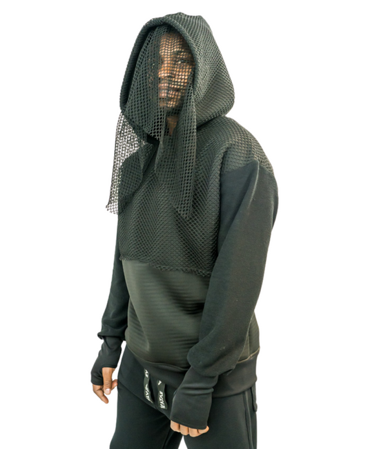 Hanorac negru cu gluga cu plasa si maneci cu deget (se poate purta cu sau fara plasa pe fata)