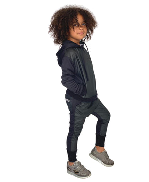 Bluza unisex negru cu detalii piele - tip ghiozdan