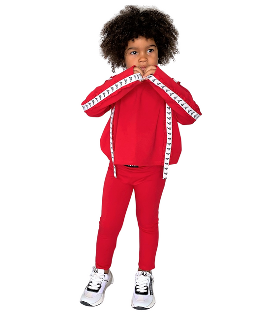 Compleu fete rosu cu detalii pe maneci (bluza+colant)