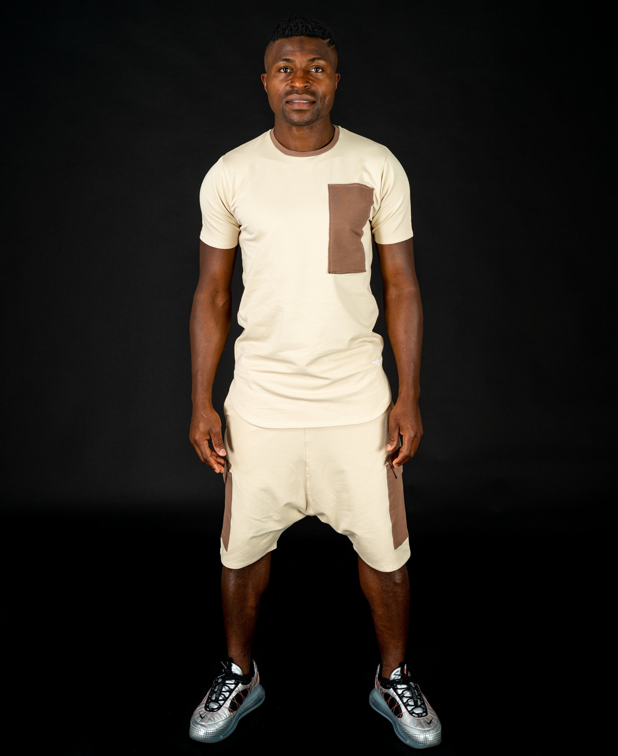 Beige tracksuit with brown design (t-shirt+short trousers) - Fatai Style
