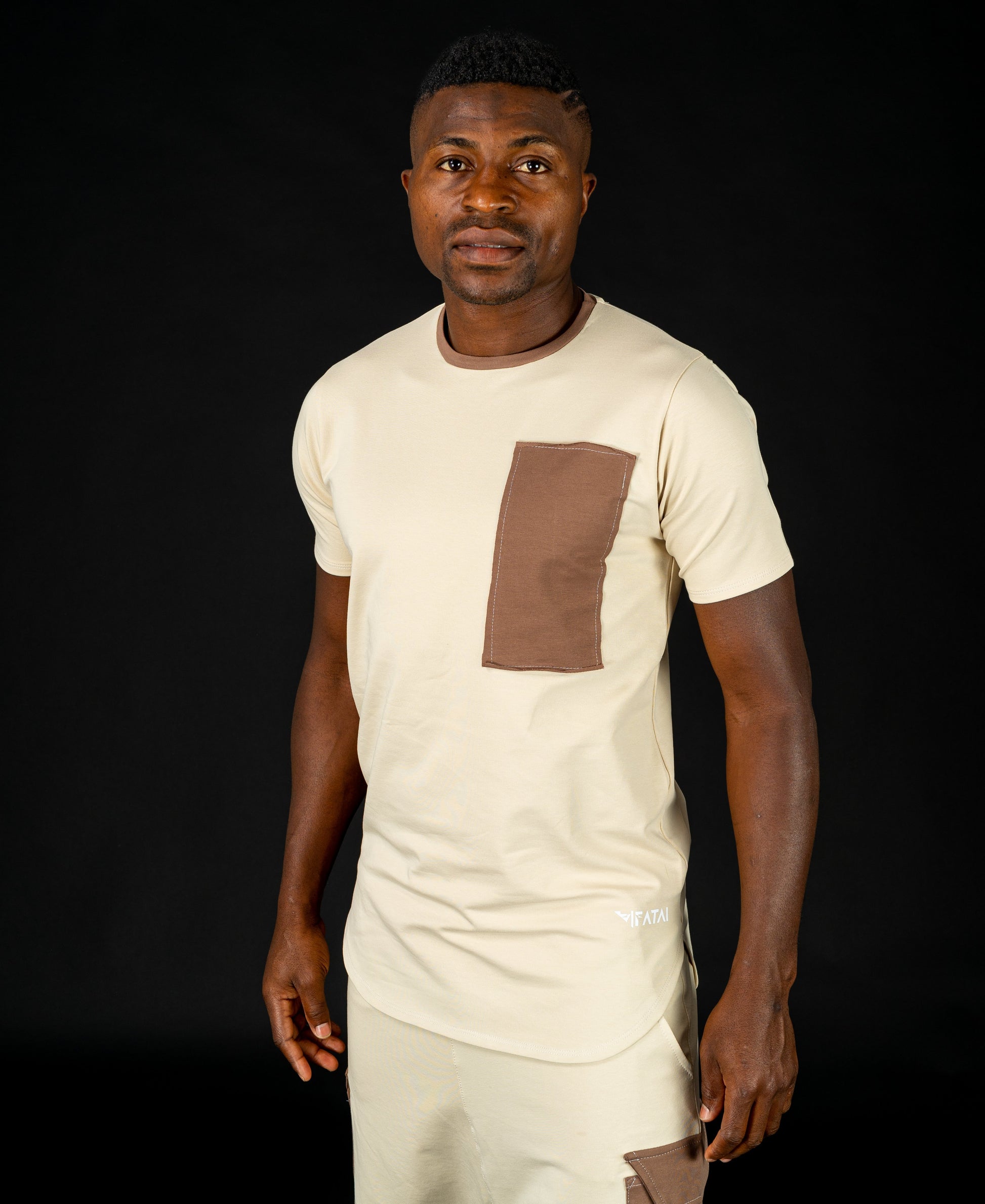 Beige tracksuit with brown design (t-shirt+short trousers) - Fatai Style